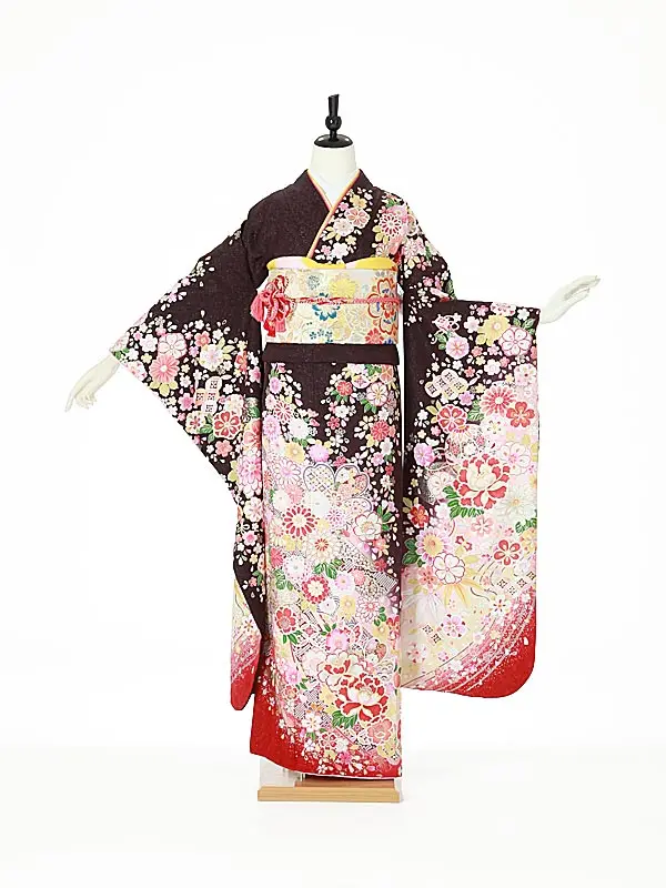 振袖0102 小豆色 桜/熨斗/古典