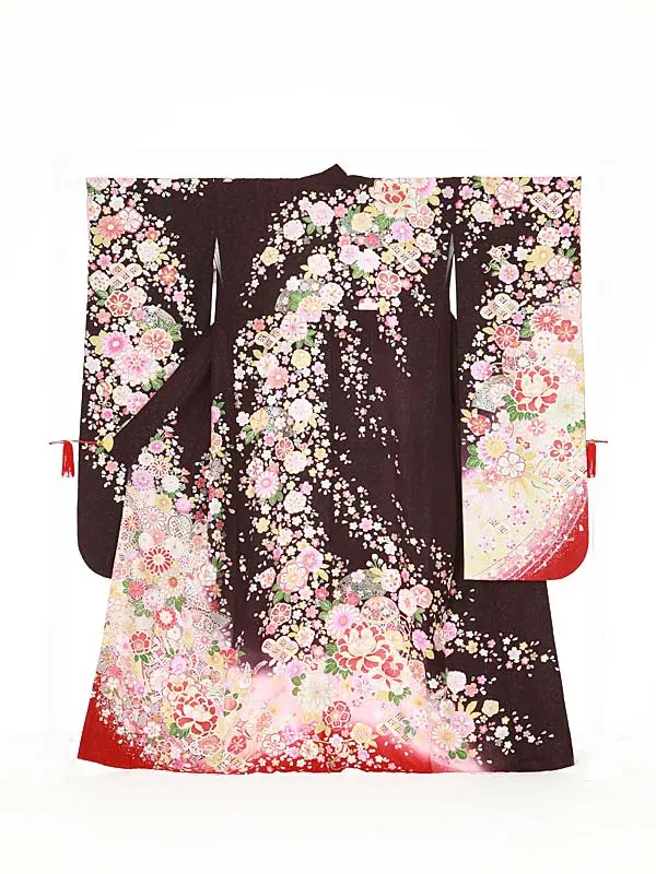 振袖0102 小豆色 桜/熨斗/古典