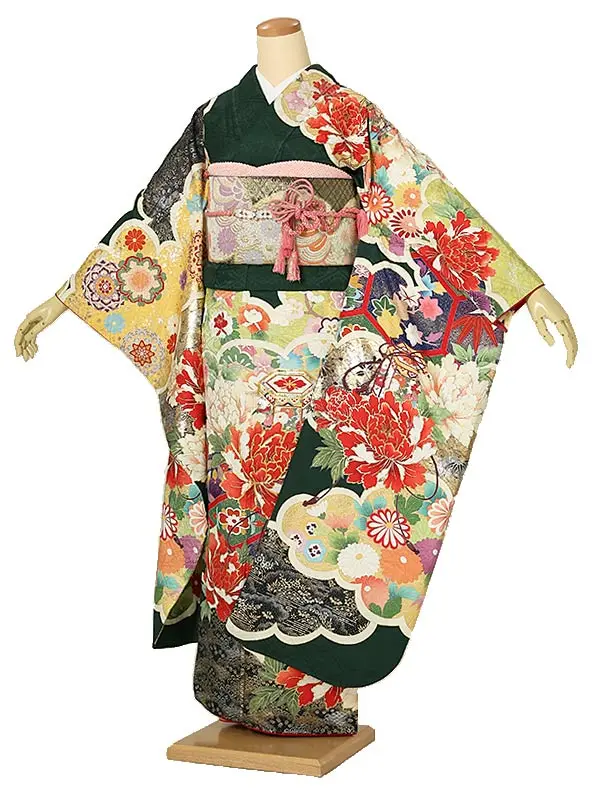 振袖0195　緑 牡丹 雲
