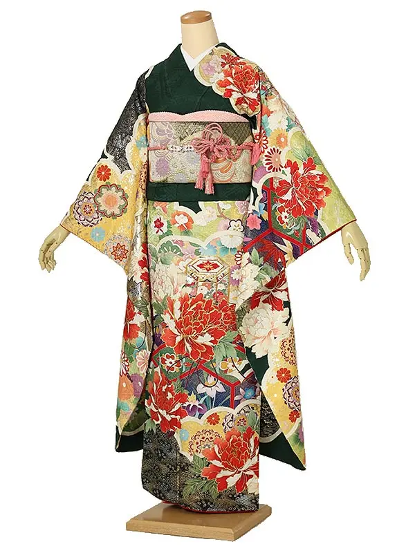 振袖0195　緑 牡丹 雲