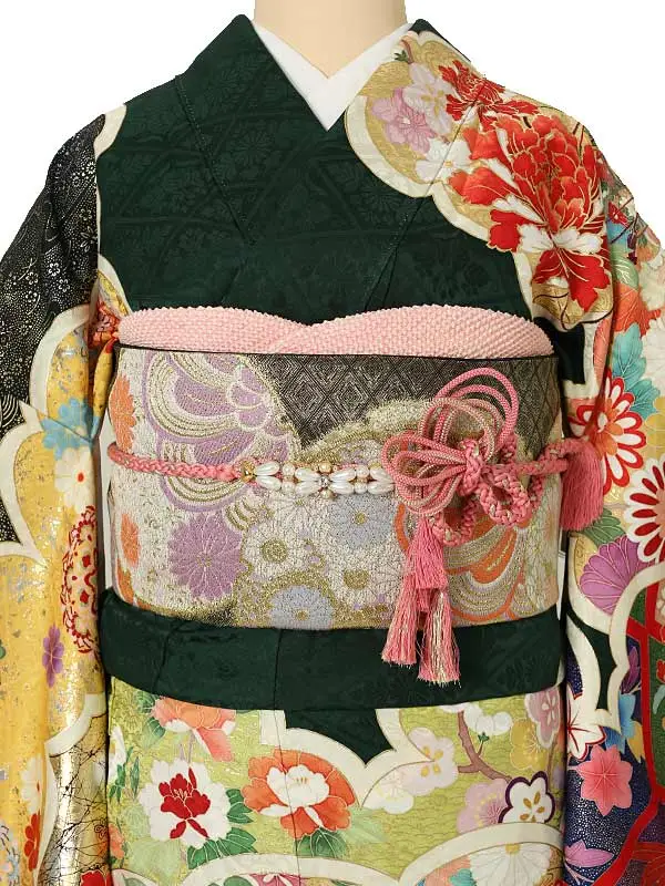 振袖0195　緑 牡丹 雲