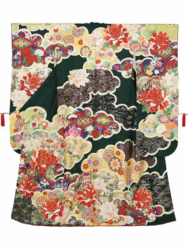 振袖0195　緑 牡丹 雲