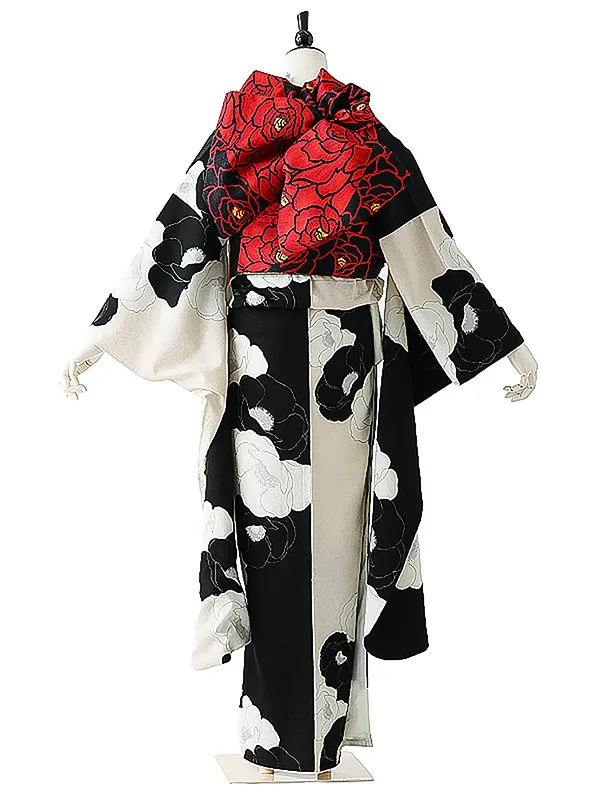 振袖0233　黒 白 椿 モダンアンテナ