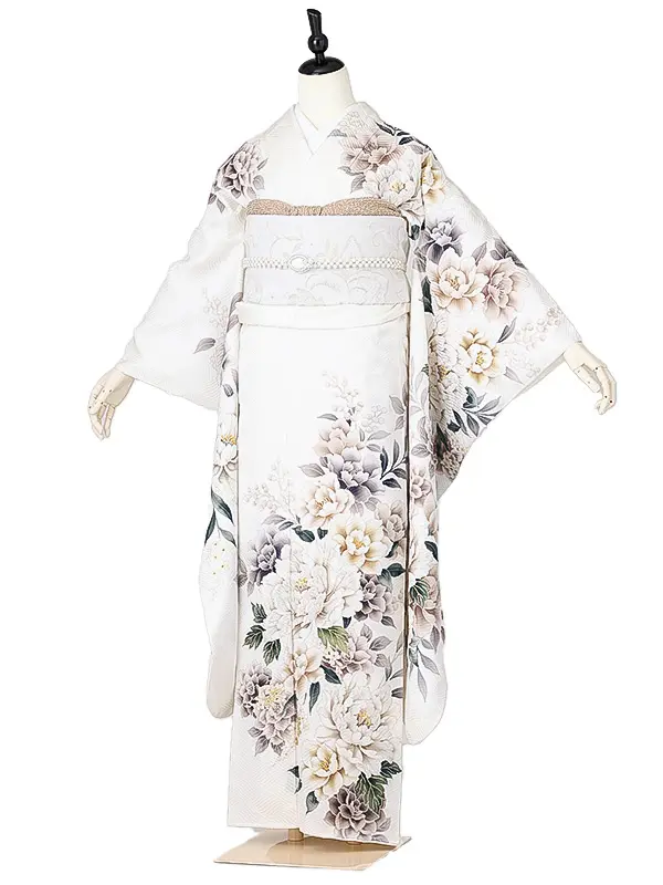 振袖0234　白 洋花 くすみ