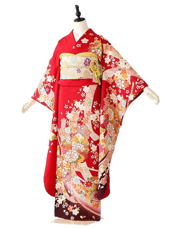 振袖0239　赤 牡丹 熨斗 花模様
