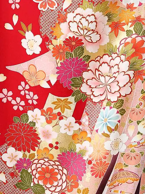 振袖0239　赤 牡丹 熨斗 花模様