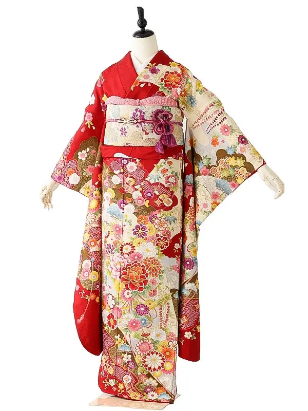 振袖0240　赤 アイボリー 牡丹 花模様