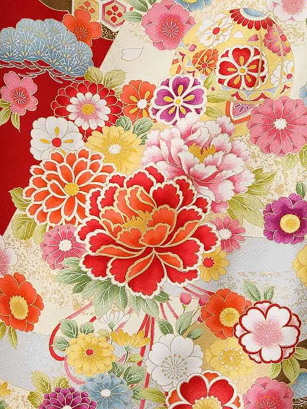 振袖0240　赤 アイボリー 牡丹 花模様