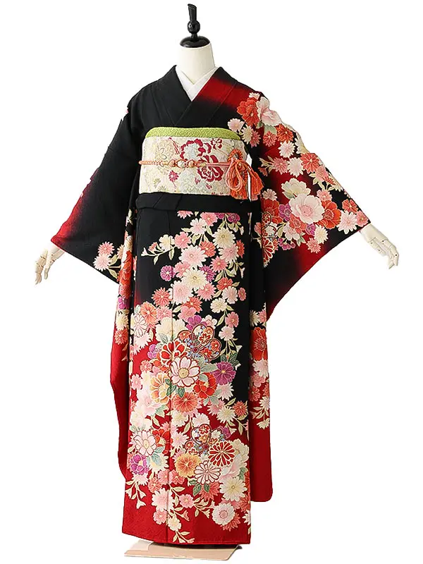 振袖0242 黒 赤 花模様