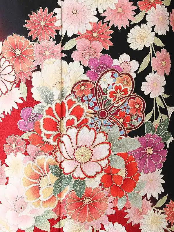 振袖0242 黒 赤 花模様