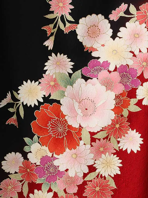 振袖0242 黒 赤 花模様