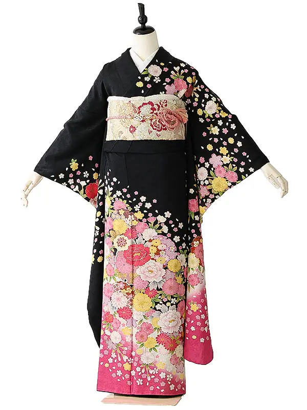 振袖0243 黒 ピンク 花模様
