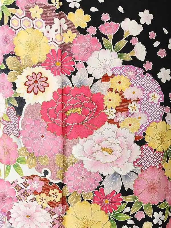 振袖0243 黒 ピンク 花模様