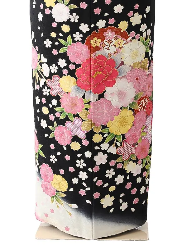 振袖0243 黒 ピンク 花模様