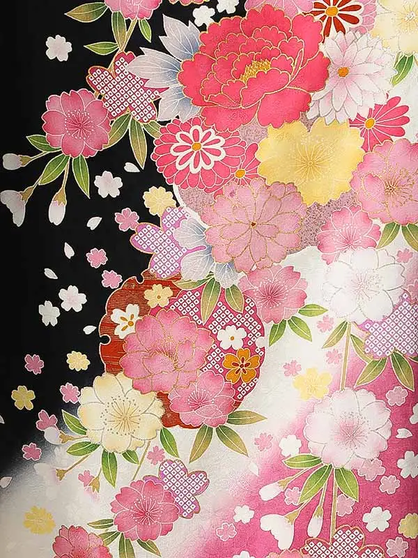 振袖0243 黒 ピンク 花模様