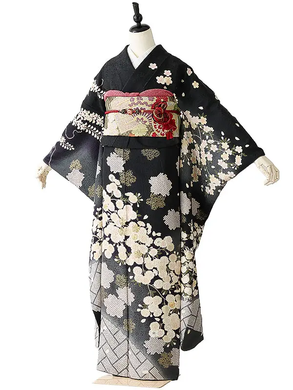 振袖0244 黒 グレー 桜 橘