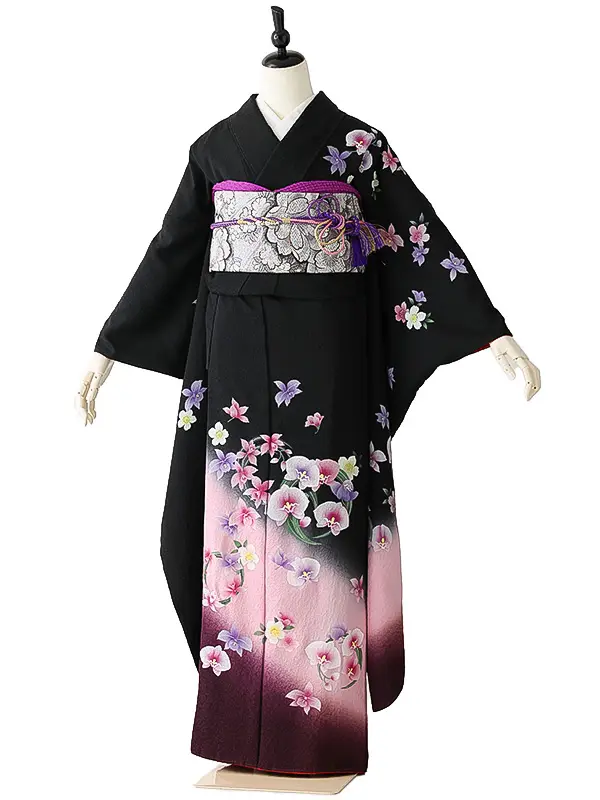 振袖0245 黒 ピンク 桔梗