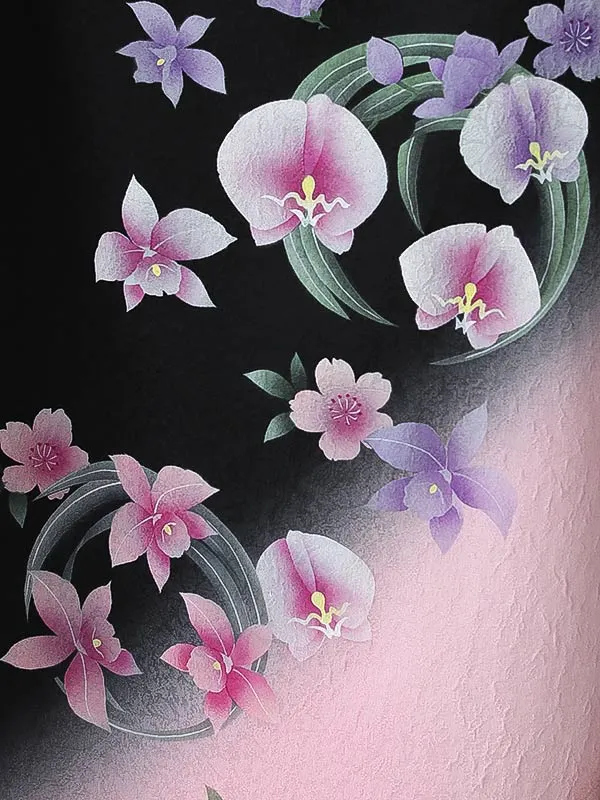 振袖0245 黒 ピンク 桔梗