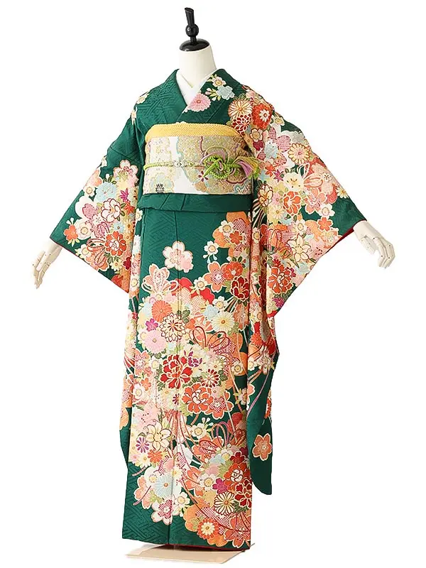 振袖0246 緑 オレンジ 牡丹 花模様
