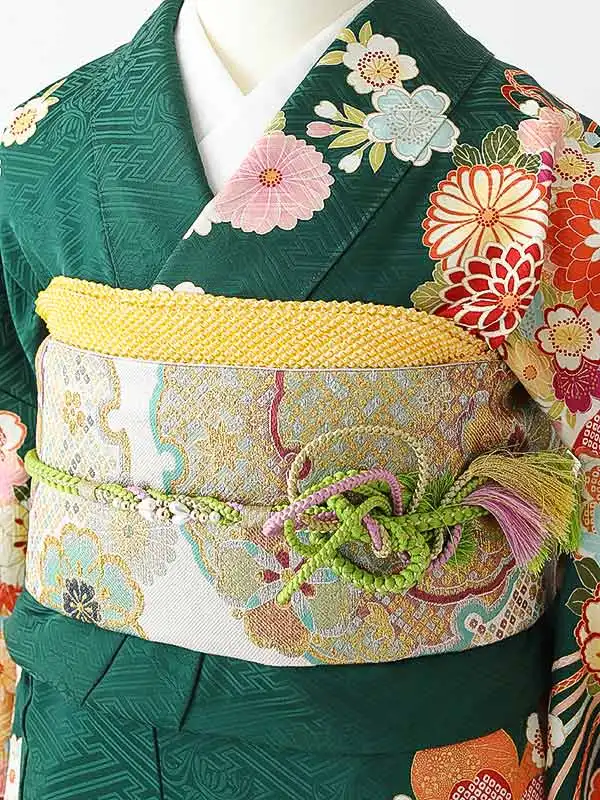 振袖0246 緑 オレンジ 牡丹 花模様