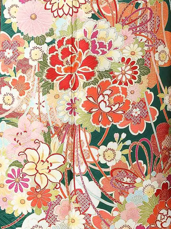 振袖0246 緑 オレンジ 牡丹 花模様