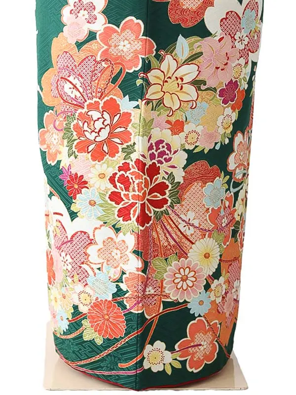 振袖0246 緑 オレンジ 牡丹 花模様