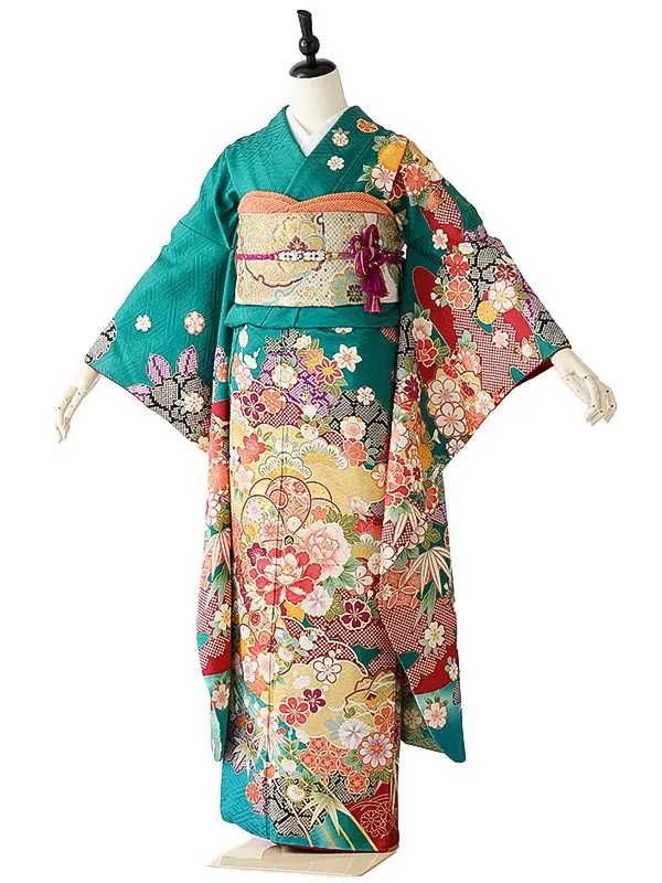 振袖0247 青緑 牡丹  花模様