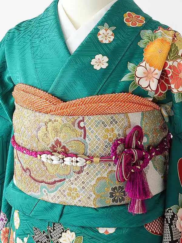 振袖0247 青緑 牡丹  花模様