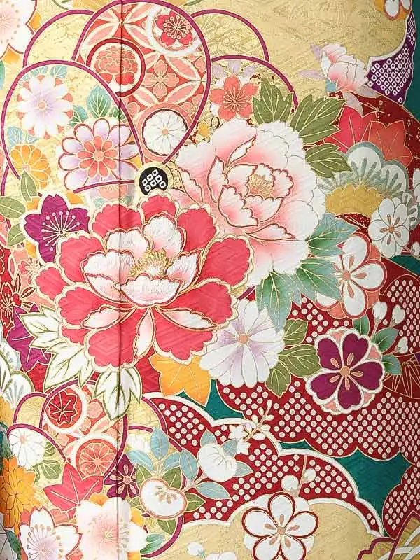 振袖0247 青緑 牡丹  花模様