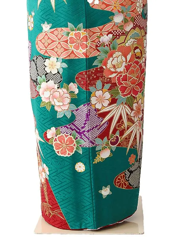 振袖0247 青緑 牡丹  花模様