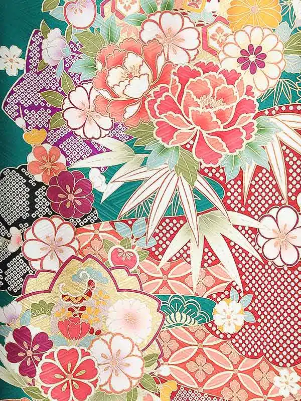 振袖0247 青緑 牡丹  花模様