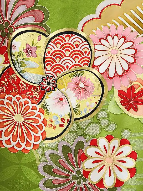 振袖0248 黄緑 菊 松