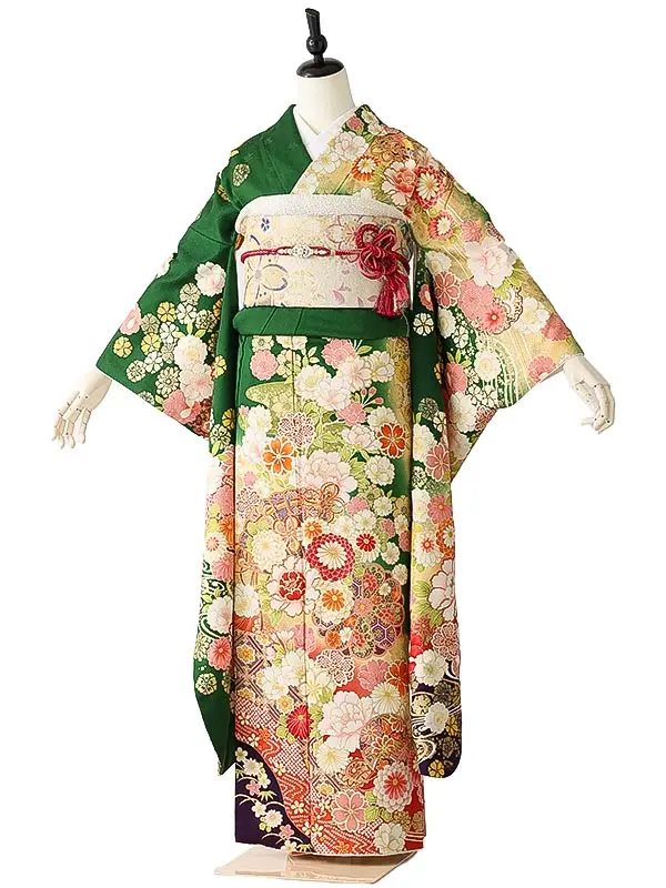 振袖0249 緑 牡丹 花模様