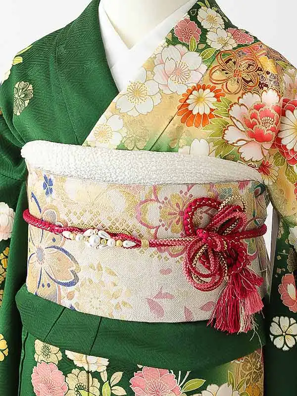振袖0249 緑 牡丹 花模様