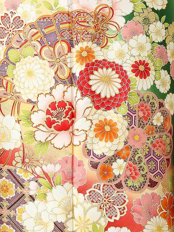 振袖0249 緑 牡丹 花模様