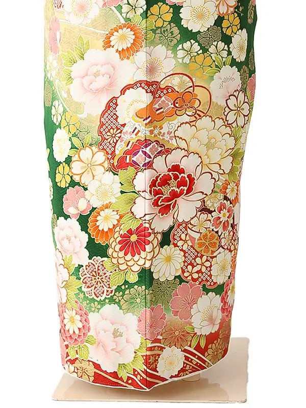 振袖0249 緑 牡丹 花模様