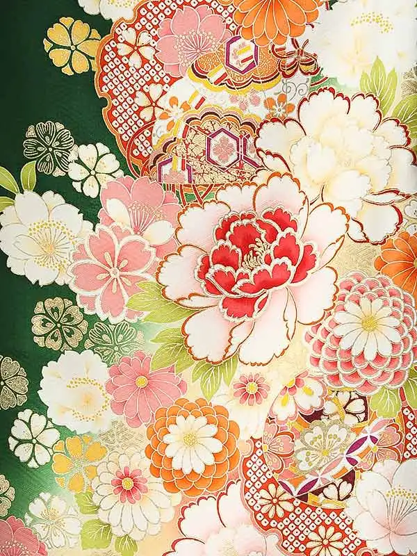 振袖0249 緑 牡丹 花模様
