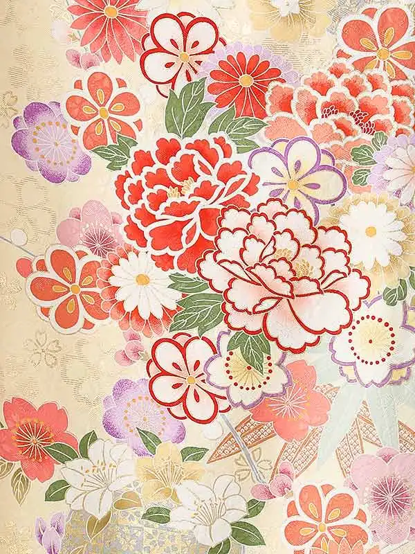 振袖0250 クリーム 牡丹 花模様