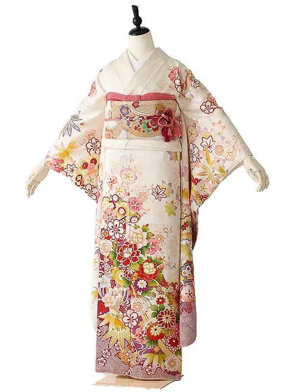 振袖0253 白 牡丹 花模様