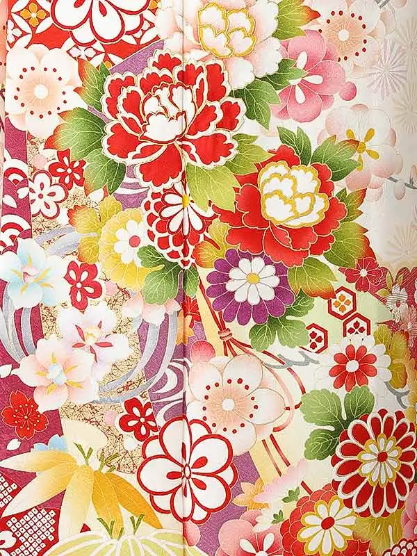 振袖0253 白 牡丹 花模様