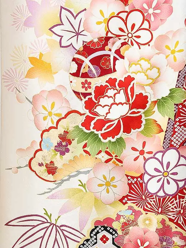 振袖0253 白 牡丹 花模様