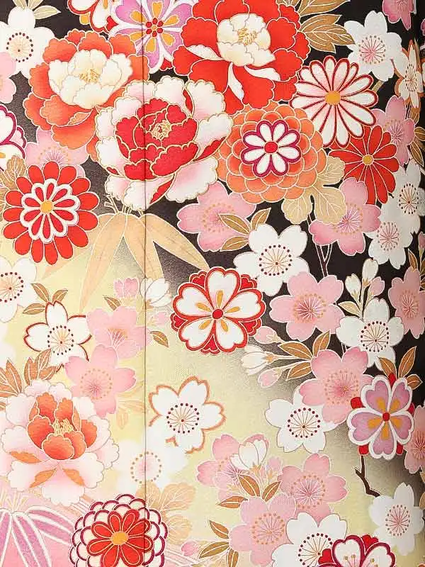 振袖0254 茶 ピンク 牡丹 流水