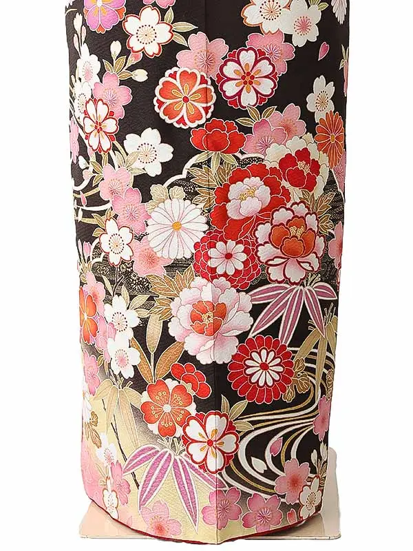 振袖0254 茶 ピンク 牡丹 流水