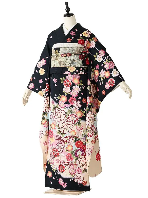 振袖0260 黒 クリーム 牡丹 桜