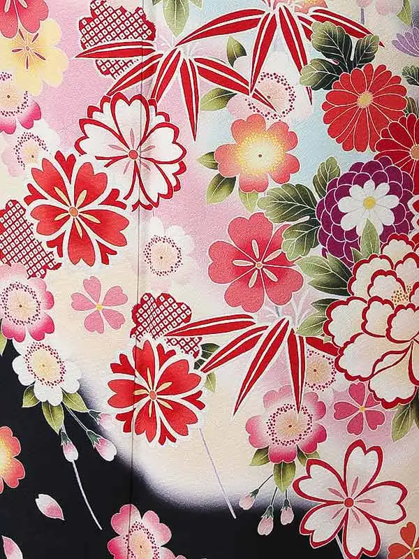振袖0260 黒 クリーム 牡丹 桜
