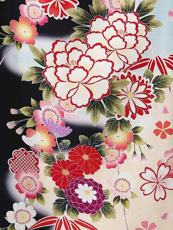 振袖0260 黒 クリーム 牡丹 桜