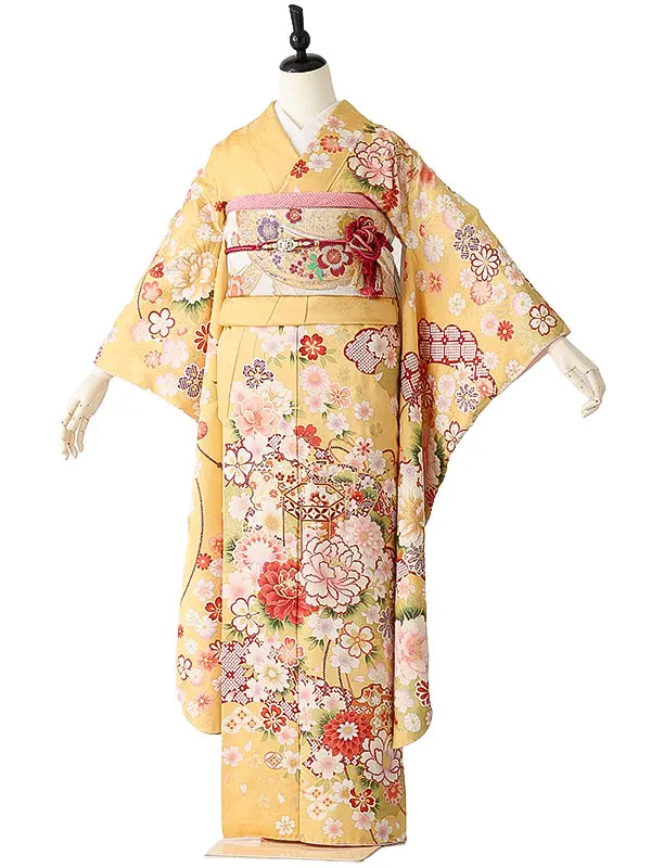 振袖0263 淡黄 牡丹 花模様