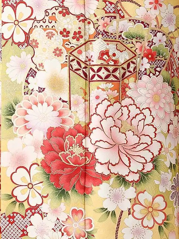 振袖0263 淡黄 牡丹 花模様