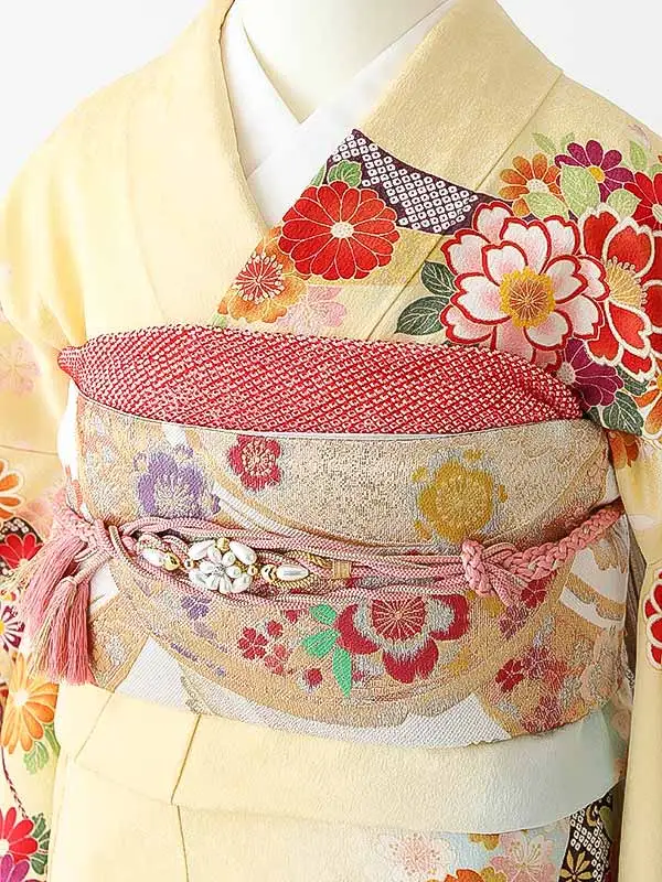 振袖0264 淡黄 水色 熨斗 花模様