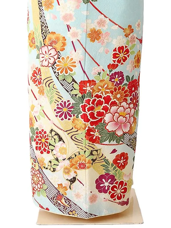 振袖0264 淡黄 水色 熨斗 花模様